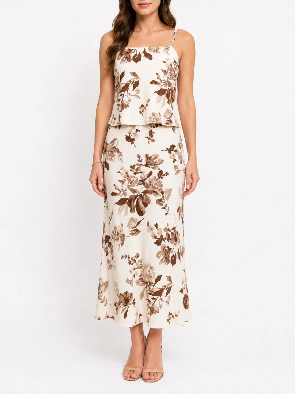 Watercolor Chinoiserie Floral Boho Midi Skirt & Top Set NWT XS  Cream Brown